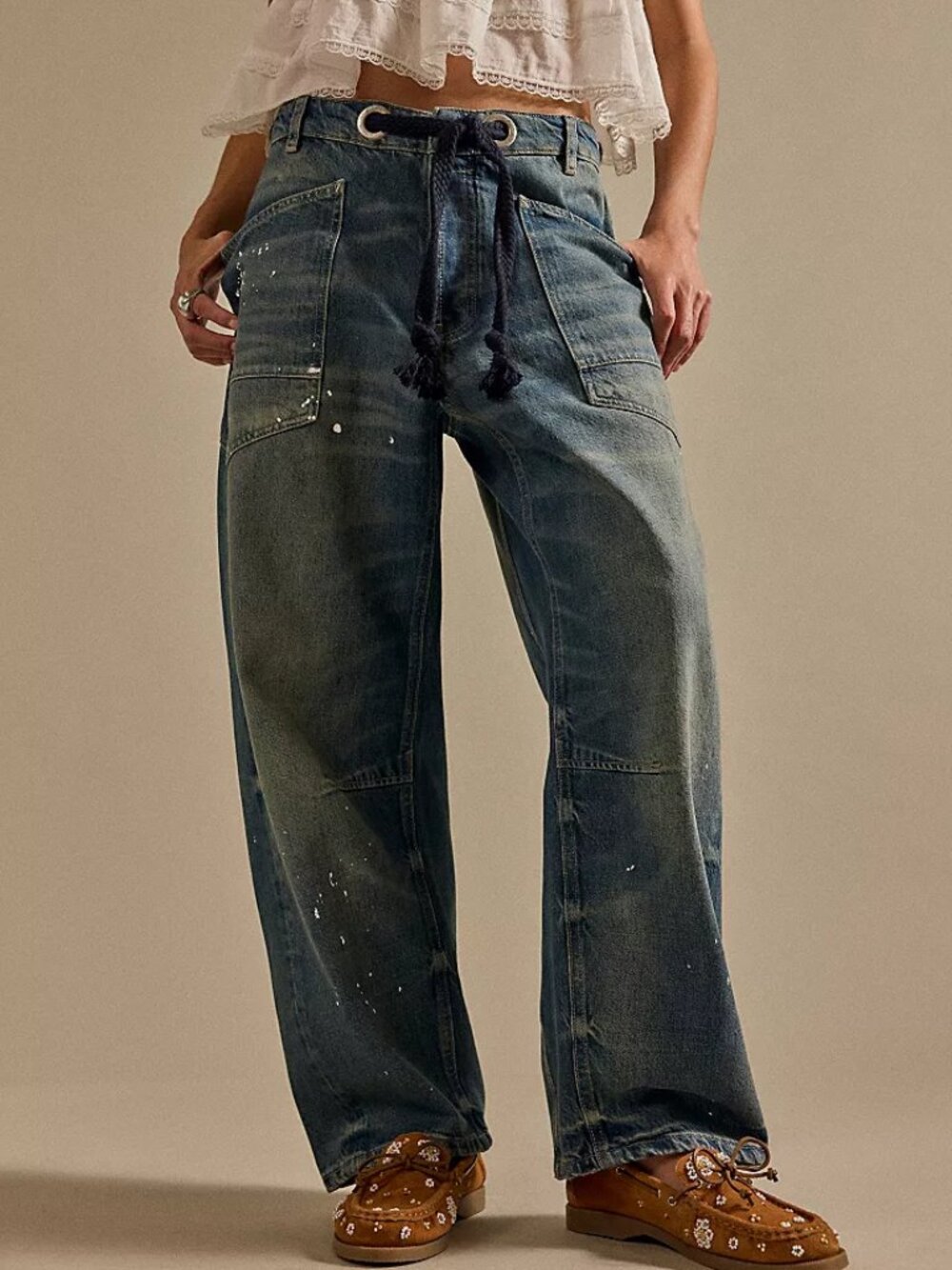 Free People We The Free Moxie Printed Low-Slung Barrel Jeans Camo Size 27